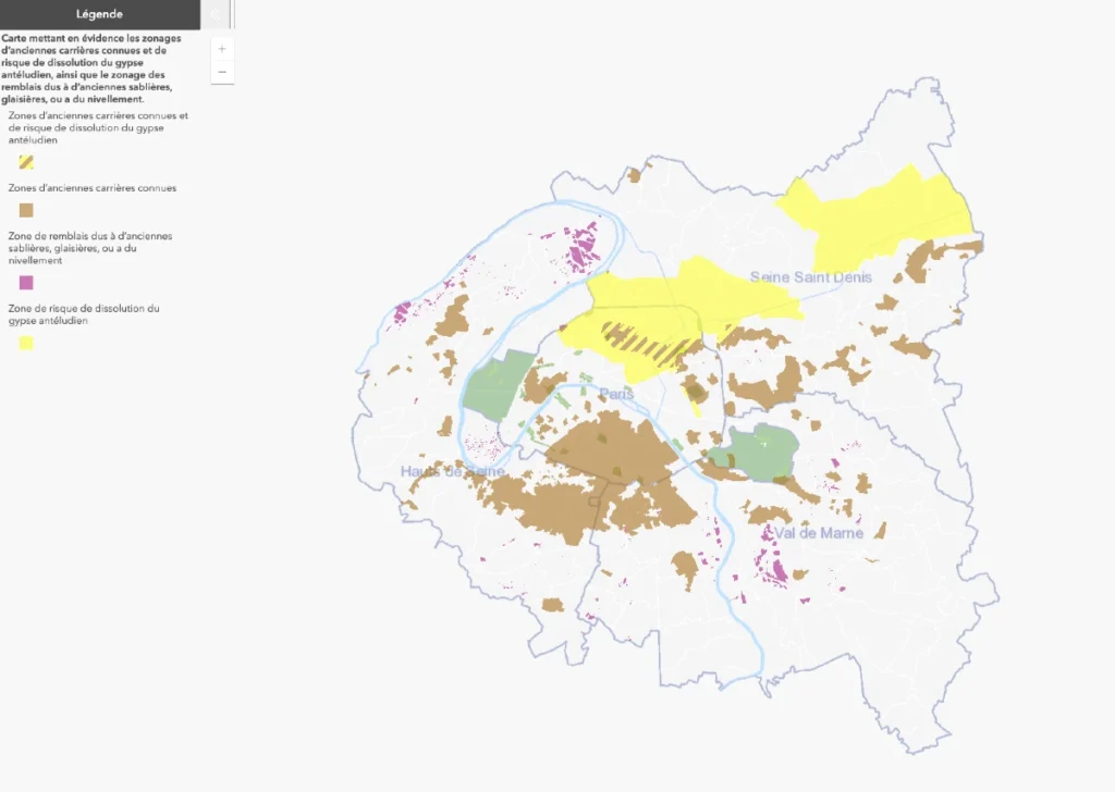 Carte mettant en évidence les zonages d’anciennes carrières connues et de risque de dissolution du gypse antéludien à Paris (crédit carte : paris.fr)